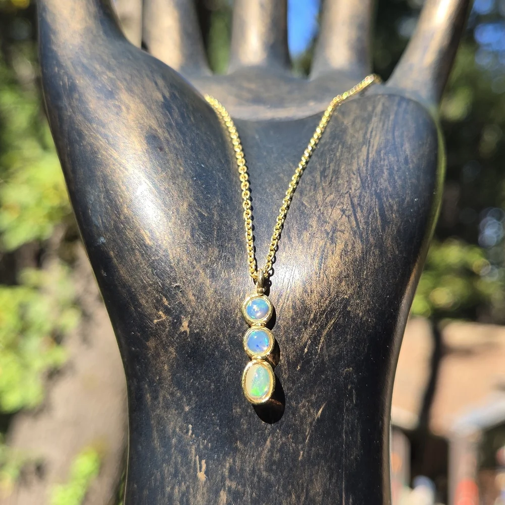 Opal Natural Gemstone Trio Sterling & Gold Necklace Sz24" 5k - Picture 1 of 9
